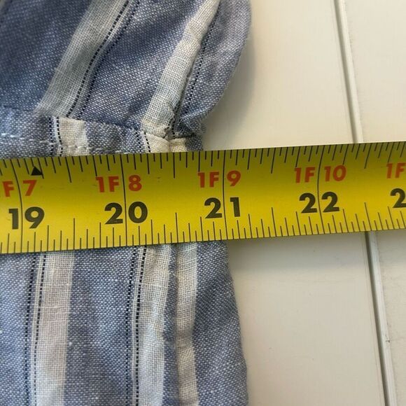 Nicole Miller 100% Linen Button Down Shirt M Blue White Stripe Roll Tab Sleeves - Picture 9 of 11